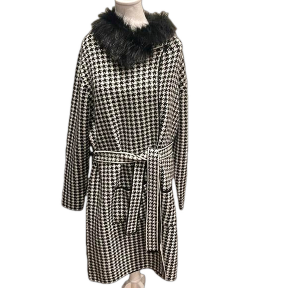 Jane and John L black & white houndstooth wrap belt jacket with faux fur